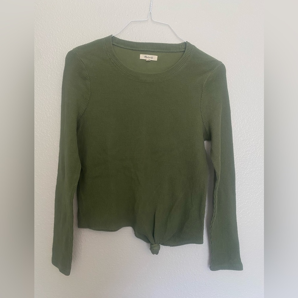 Madewell Long Sleeve Green Ribbed Front Tie Knot Shirt